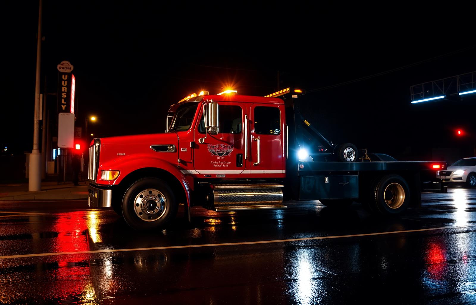 San Towing LLC flatbed truck on duty in Oakland